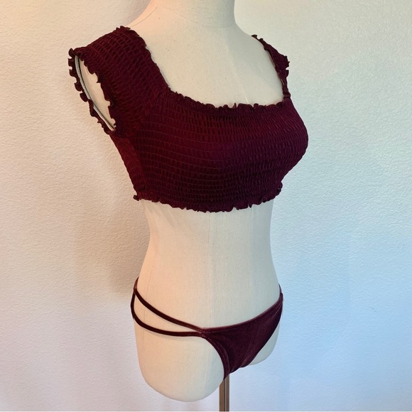 VS PINK Maroon Dark Red Smocked Crop Top Velvet String Mini Bikini Swimsuit - Picture 2 of 12